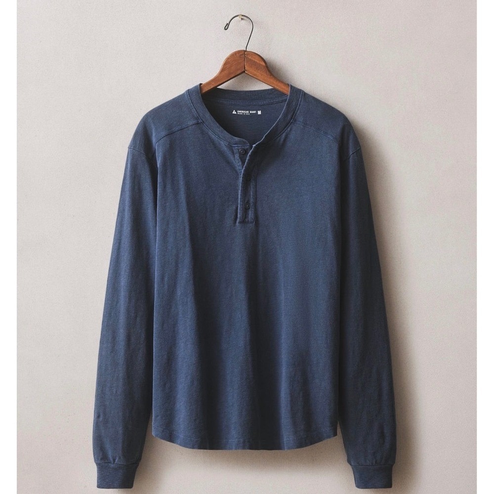 American Giant Henley Shirt Mens XL Broken‎ In Premium Slub Blue USA Long Sleeve